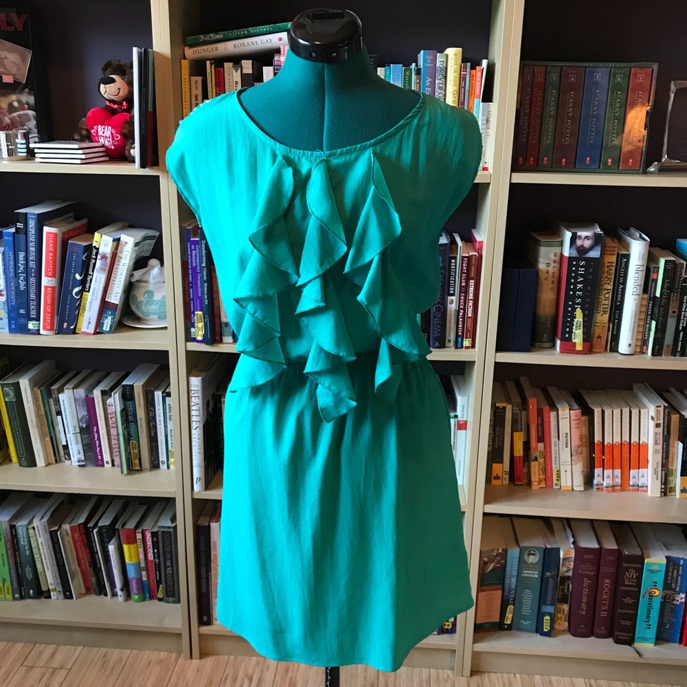 Teal ruffle dress with sheer floral back